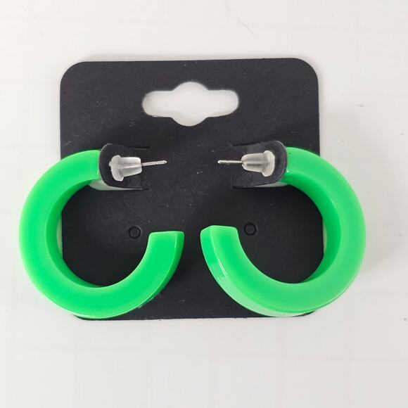 Green Hoop Earrings 1.2" Retro 1980s Neon Chunky Pierced Acrylic Gift Bag Y2K - Picture 7 of 7